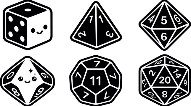Black and white happy dice and gaming polyhedron dice set vector art