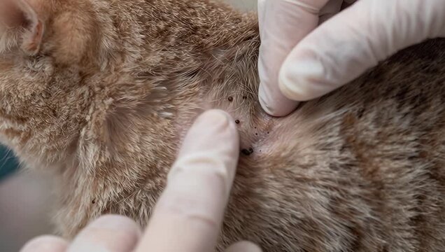 Cat Examining Flea Infestation with Gloved Hands