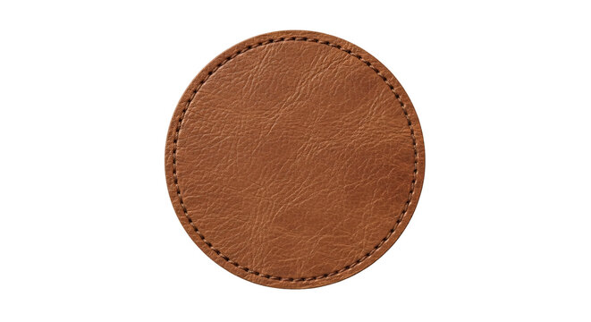 Brown leather circle patch coaster applique stitched detail.