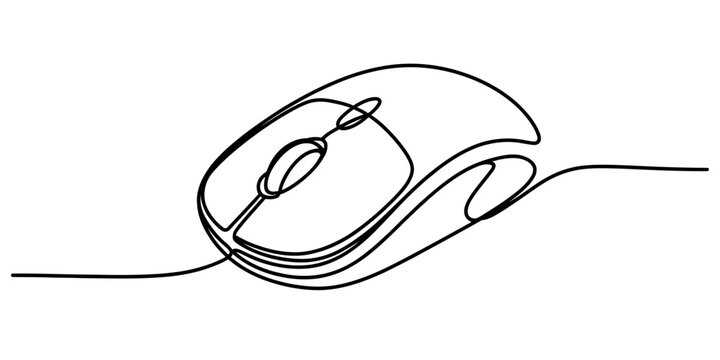 A minimalist single continuous line drawing of a computer mouse on a clean white background area.