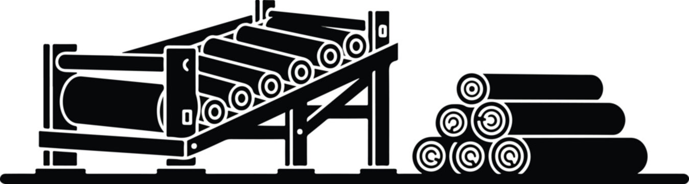 Black and White Silhouette of a Traditional Vertical Saw Pit Timber Mill with Lumber and Birds