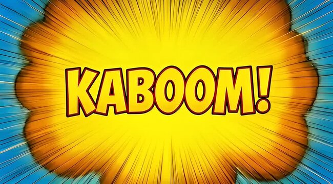 Comic book kaboom explosion bubble, retro pop art speech cloud with text, vibrant yellow and blue manga style action burst background