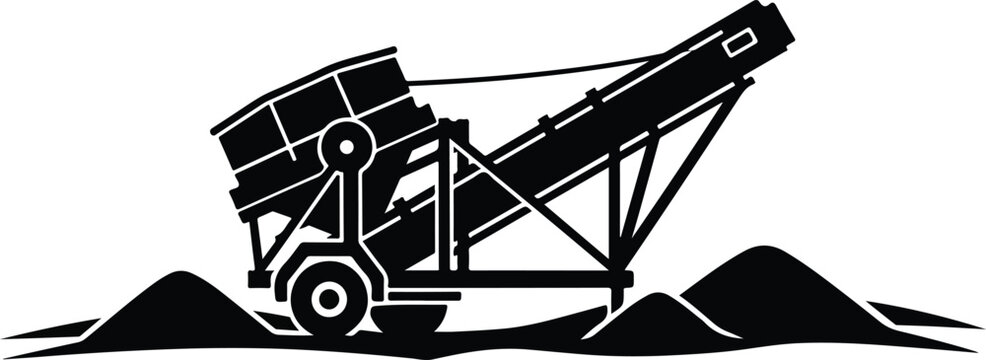Black and White Silhouette of a Mobile Industrial Crusher and Conveyor Machine for Mining and Construction