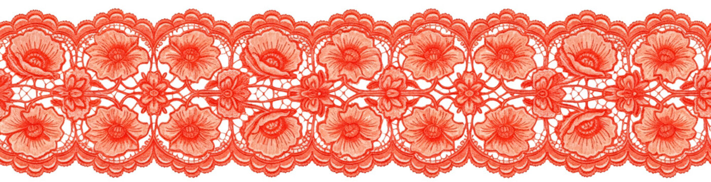 Decorative red lace trim with floral poppy pattern border.