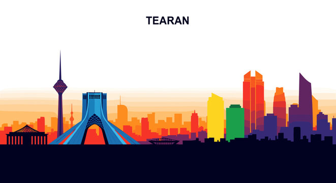 Tehran cityscape featuring iconic azadi tower, milad tower, and modern skyscrapers rendered with clean lines, bold geometric shapes, and a vibrant sunset color palette of deep