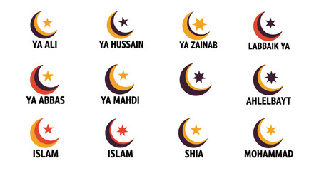 Fototapeta premium Collection of islamic crescent moon and star symbols featuring diverse color palettes and arabic script, ideal for religious and cultural representations, symbolizing faith and