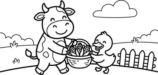 Fototapeta premium Smiling cow and duck holding basket of corn in farm landscape line art