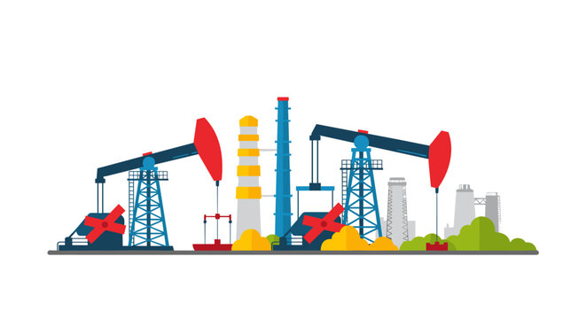 Dynamic oil extraction scene featuring prominent red and blue pumpjacks alongside industrial towers, depicting energy production with a vibrant yellow and grey color scheme and