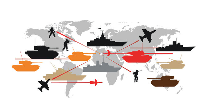 Global military conflict simulation with tanks, ships, airplanes, and soldiers targeting various continents across simplified world map with red laser lines and distinct color