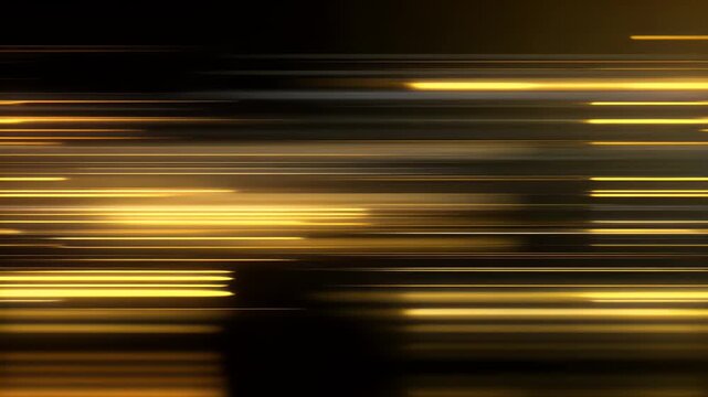 Abstract golden lines moving across screen create dynamic light streaks in motion for cinematic background with glowing yellow rays of speed and technological energy flow in seamless loop.