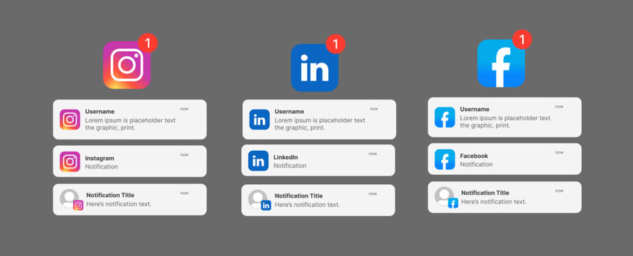 iOS notification mockup. Facebook, Instagram and LinkedIn iOS notification UI mockup template. chat alerts, message UI mockup