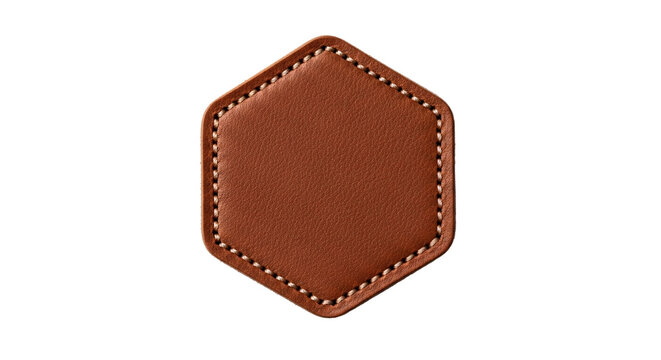 Hexagonal brown leather patch with stitched edges.
