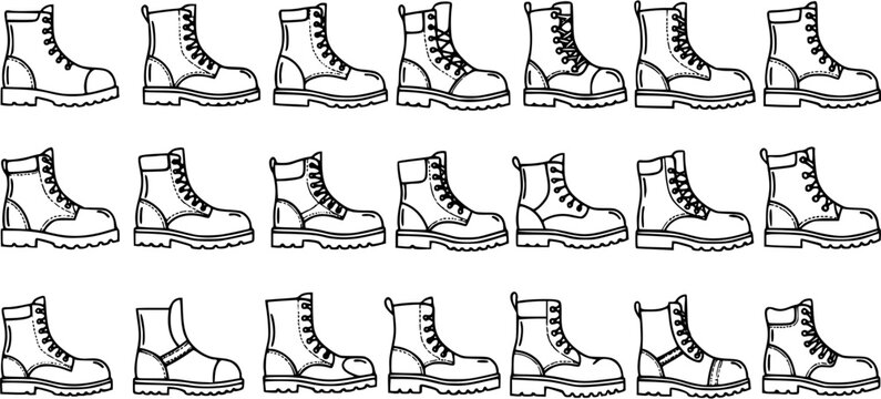 Workwear and Military Boots Black and White Line Art Set. Hand-drawn Outline Footwear Collection for Safety and Outdoor Industries.