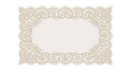 Lace doily oval frame decorative border on transparent background.