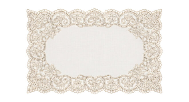 Lace doily oval frame decorative border on transparent background.