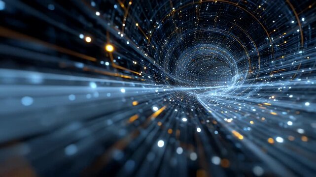 Abstract digital tunnel movement with glowing light particles in dark virtual space representing high speed data transfer and futuristic technology motion for internet communication systems.