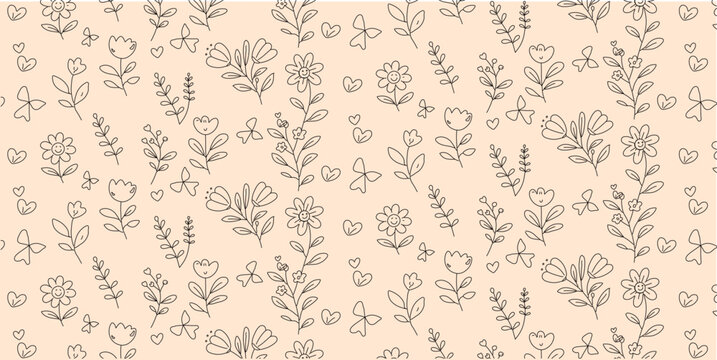 Coquette hand drawn Spring elements. Minimalist art sketch whimsical lines. Vector blossom meadow and garden flowers, bows, floral decor, leaves and herb, strawberry, butterfly seemless pattern