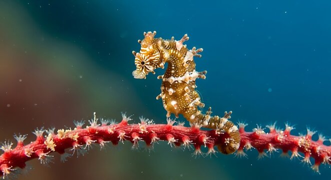 Exquisite Underwater Portrait of a Unique Pygmy Seahorse on Coral.