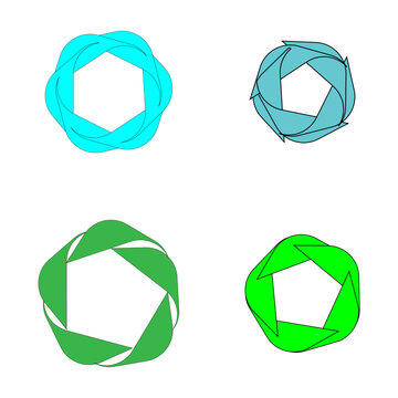 Four aperture icons. Hexagon penta shape. Cyan green Vector. Camera shutter symbol.
