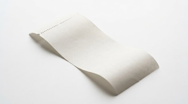 A blank thermal paper receipt mockup displayed on a pure white background, thin paper strip with subtle curl and perforated edge detail, retail invoice concept with realistic texture, soft directional
