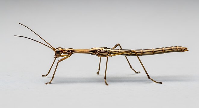 Detailed Macro Shot of a Brown Stick Insect on a White Background.