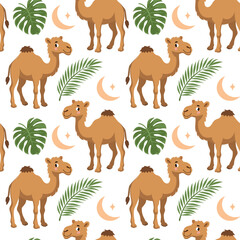 Fototapeta premium Seamless pattern with cute camels tropical leaves and moon on white background