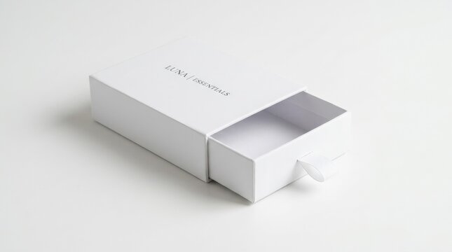 A compact white sliding drawer box with a ribbon pull is presented partially open on a clean white background, rigid cardboard structure with sharp edges and smooth matte texture, minimal packaging
