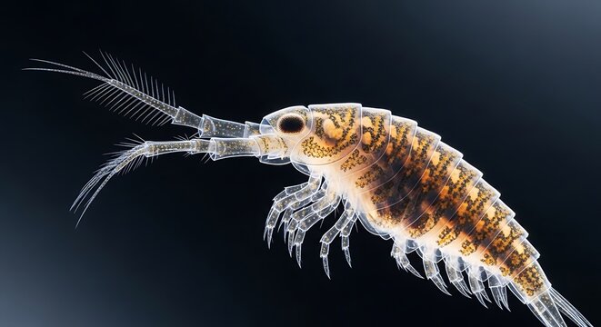 Detailed Microscopic View of a Tiny Amphipod Crustacean Creature.