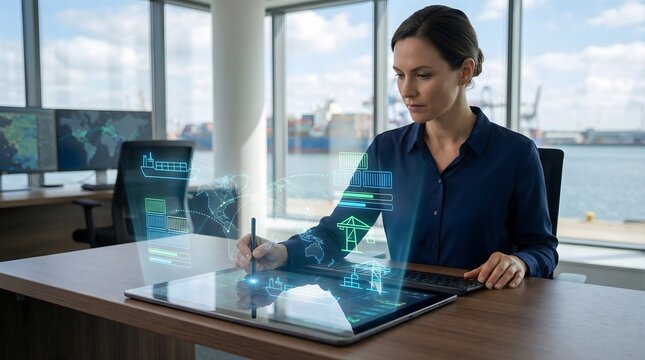 Shipping coordinator using tablet with glowing holographic maritime and logistics icons