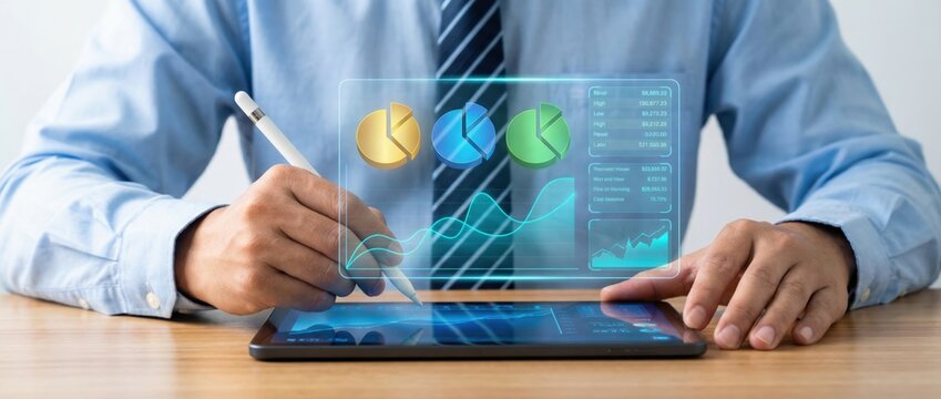 Business data visualization action in modern office setting using tablet for interactive graphs and analysis professional environment with futuristic elements