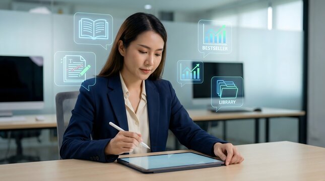 Female editor using tablet with glowing holographic publishing and book icons
