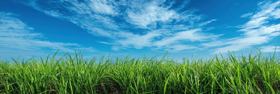 Expansive green grass field under a vibrant blue sky with wispy white clouds