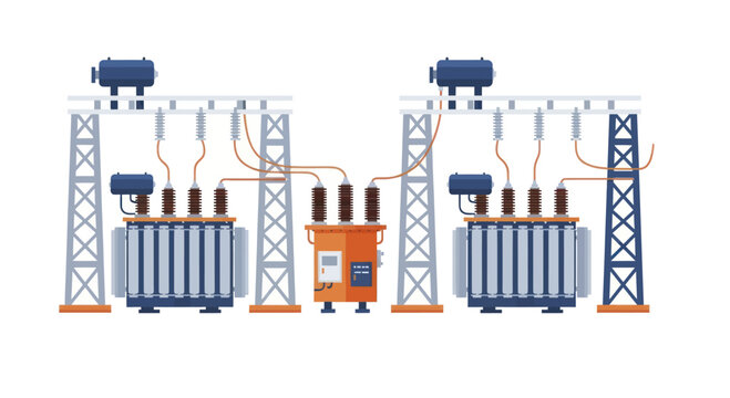 Electrical Substation with Transformers and Power Lines.