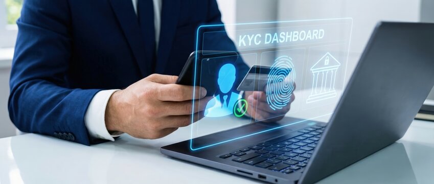 Kyc dashboard interaction office environment digital business analysis modern workspace close-up view technology and finance concept for enhanced security and compliance