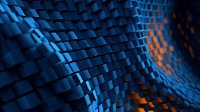 A futuristic blue and orange pixelated scene forms a curved wall with depth.