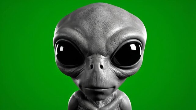 Gray alien with large head and black eyes performs subtle head tilting and forward lean on green screen, creating a curious and engaging sci fi character moment