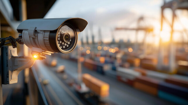 Close up of a security surveillance camera mounted on a wall bracket overlooking a container yard at a port the camera showing a pan tilt housing and an infrared illuminator