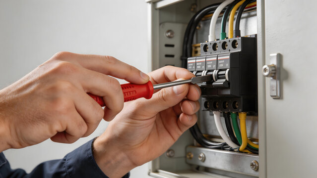 Electrician working on circuit breaker