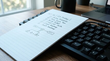 Obraz premium Crisp white notepad paper with faint blue ruled lines resting diagonally on a modern black aluminum keyboard, cool natural window light casting a pale blue tint on the page surface, business planning