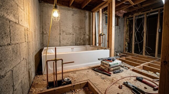 An unfinished bathroom interior mid-renovation, a porcelain bathtub sitting in position awaiting final tile surround installation, exposed copper plumbing supply lines roughed in through the subfloor