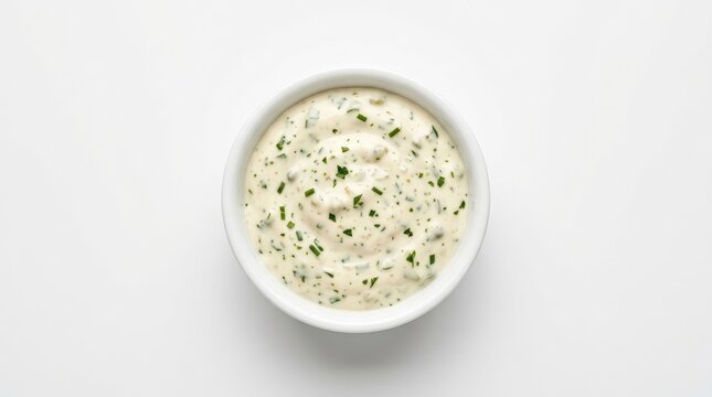 Creamy tartar sauce in a white ceramic bowl isolated on clean white background, top-view flat-lay, pale ivory condiment with visible green herb flecks of chives and parsley, smooth mayo-based texture,