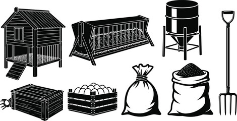 Black-and-white farm illustration featuring chicken coop, feeding trough, water tank, wooden crate, egg box, grain sacks, and pitchfork representing animal care, storage, and rural agriculture © MdGolam
