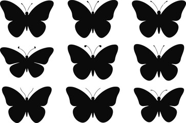 Collection of black butterfly silhouettes on a, various poses and wing shapes © Muhammad