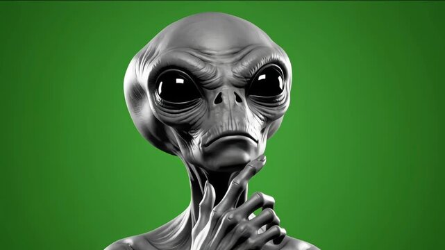 Single gray alien pauses in a thinking pose, touching its chin and looking upward slowly on clean green screen, suitable for reflective sci fi scenes and compositing