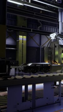 Advanced machinery oversees the assembly of vehicles in a high tech factory. Sparks fly as parts are precisely fitted together in an energetic, industrious atmosphere.