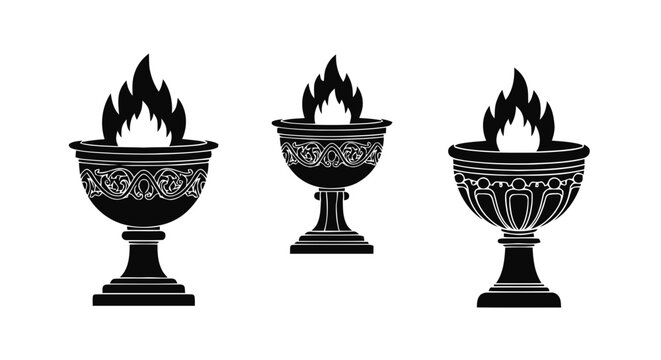 Vector illustration&nbsp;of set of three antique chalices with fire flames on a transparent background