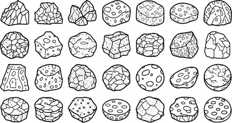 Geology Rocks  Minerals Vector Set. Hand-Drawn Black  White Line Art Collection of Stone, Ore, Asteroid Fragments for Earth Science  Game Design © pixsource