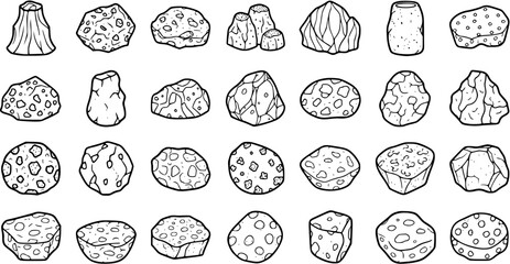 Black  White Line Art Cartoon Rocks, Stones, Meteorites  Minerals Collection. Hand-drawn vector set for Science, Geology, Gaming, Education. © pixsource