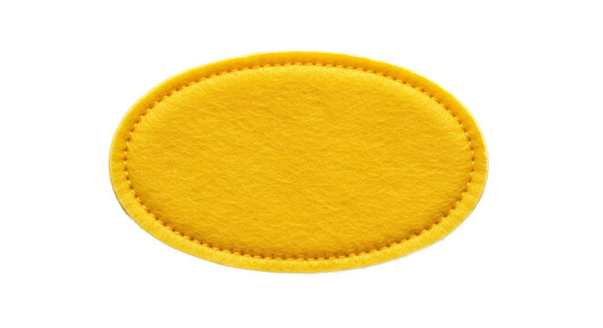 Yellow oval felt patch with stitched border on transparent background.