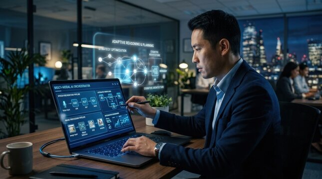 A businessman at a modern tech workspace interacting with a multimodal AI agent system on a laptop, orchestrated automation workflows and intelligent integration dashboards illuminating the screen,